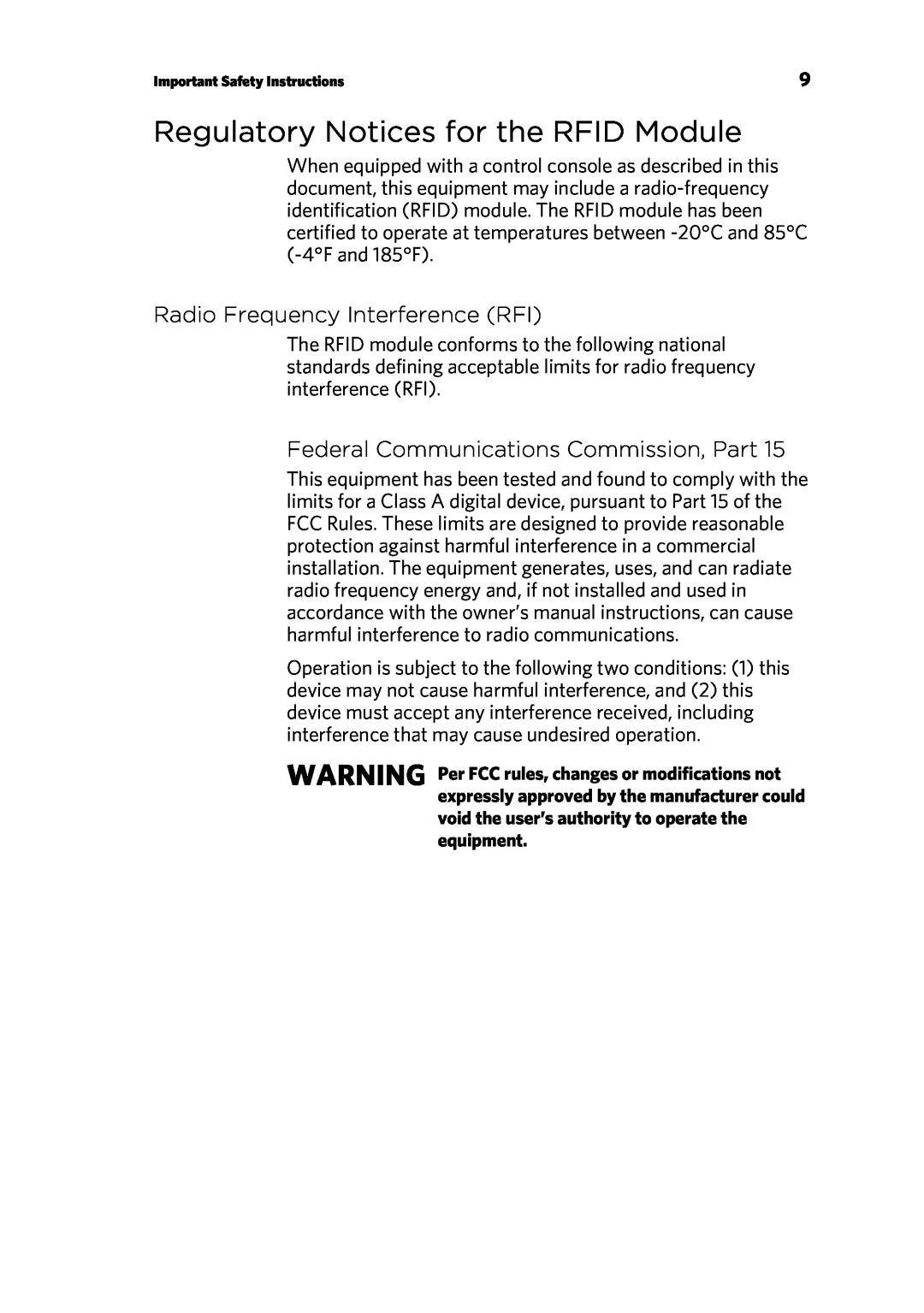 Precor P30 manual Regulatory Notices for the RFID Module, Radio Frequency Interference RFI 