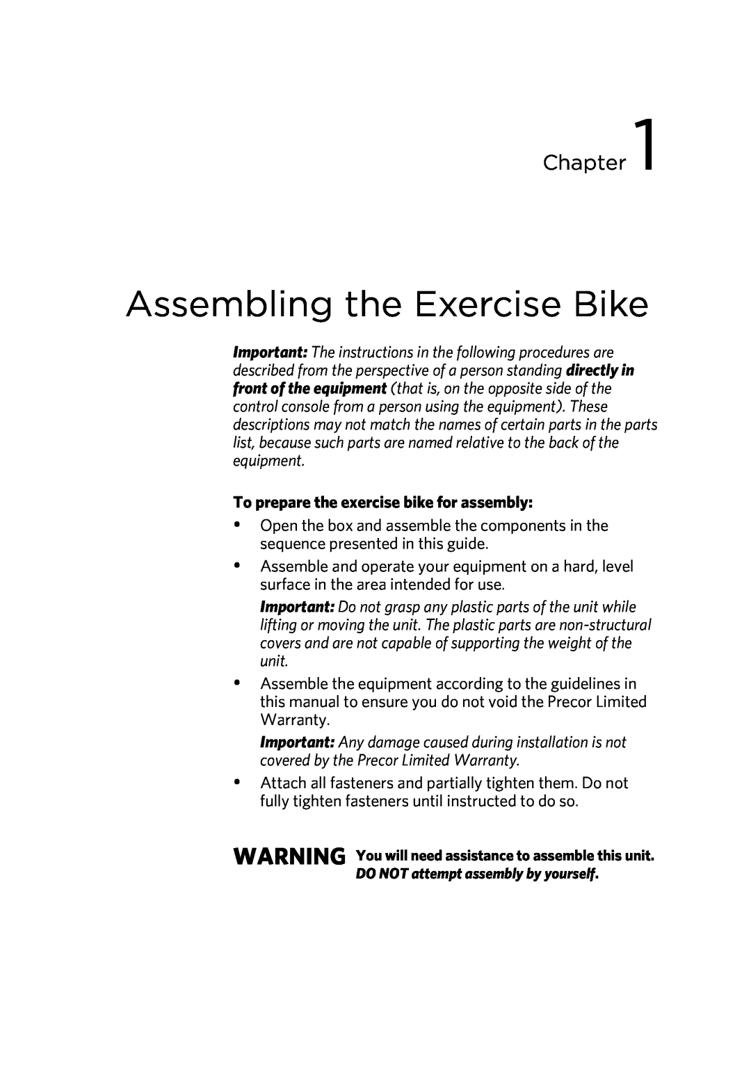 Precor P30 manual Assembling the Exercise Bike, To prepare the exercise bike for assembly, Chapter 