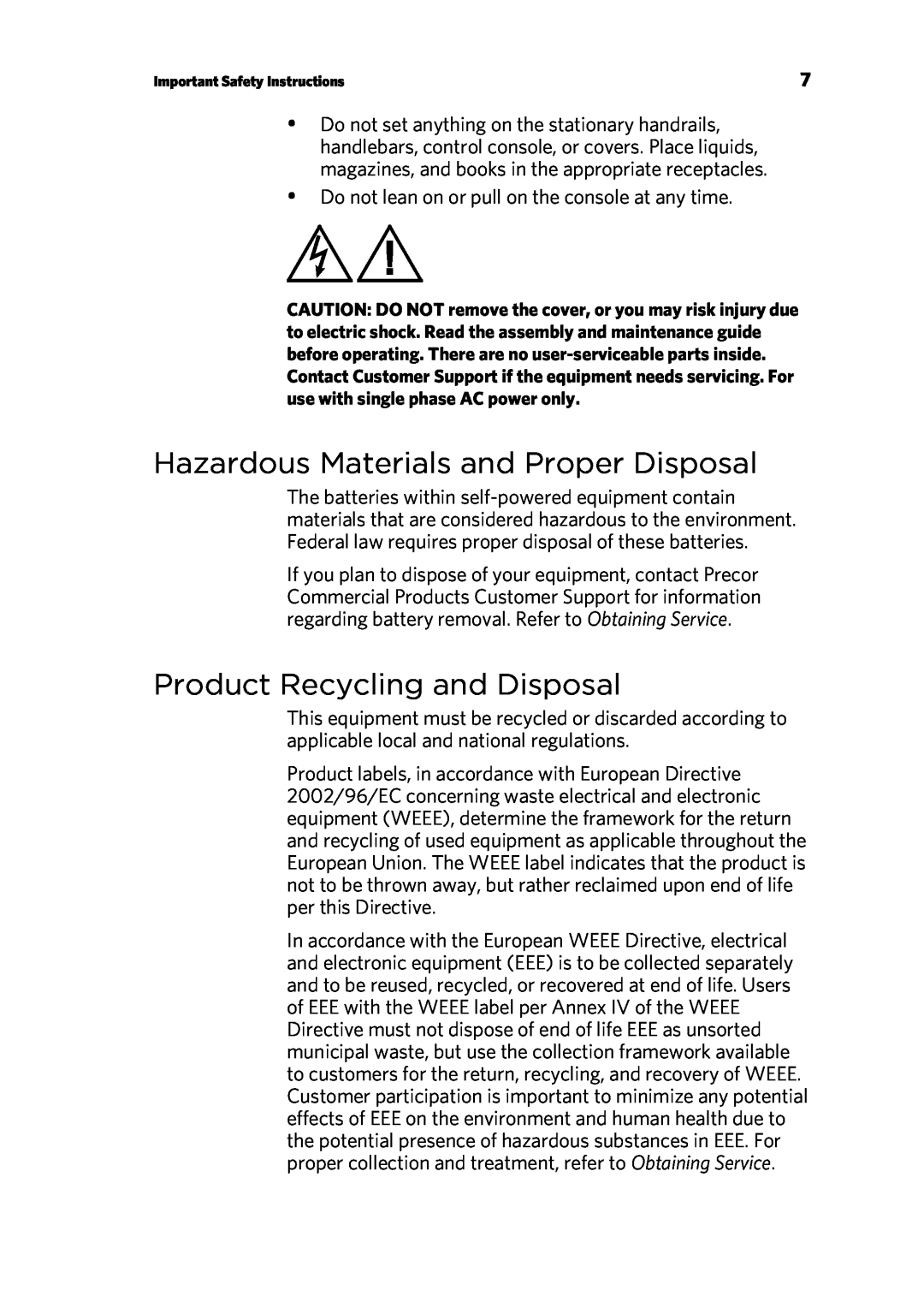 Precor P30 manual Hazardous Materials and Proper Disposal, Product Recycling and Disposal 