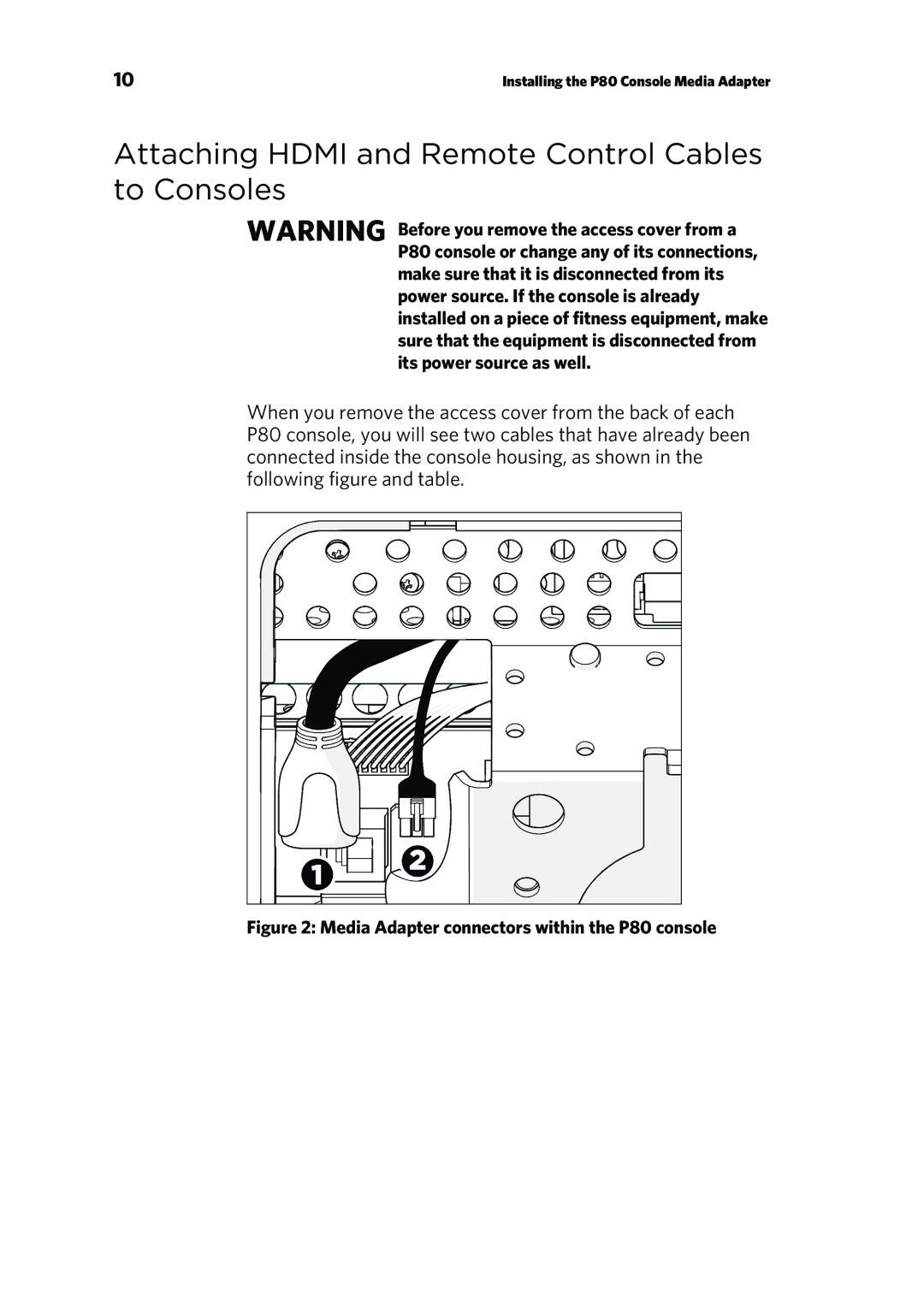 Precor P80 CONSOLE Attaching Hdmi and Remote Control Cables to Consoles, Media Adapter connectors within the P80 console 