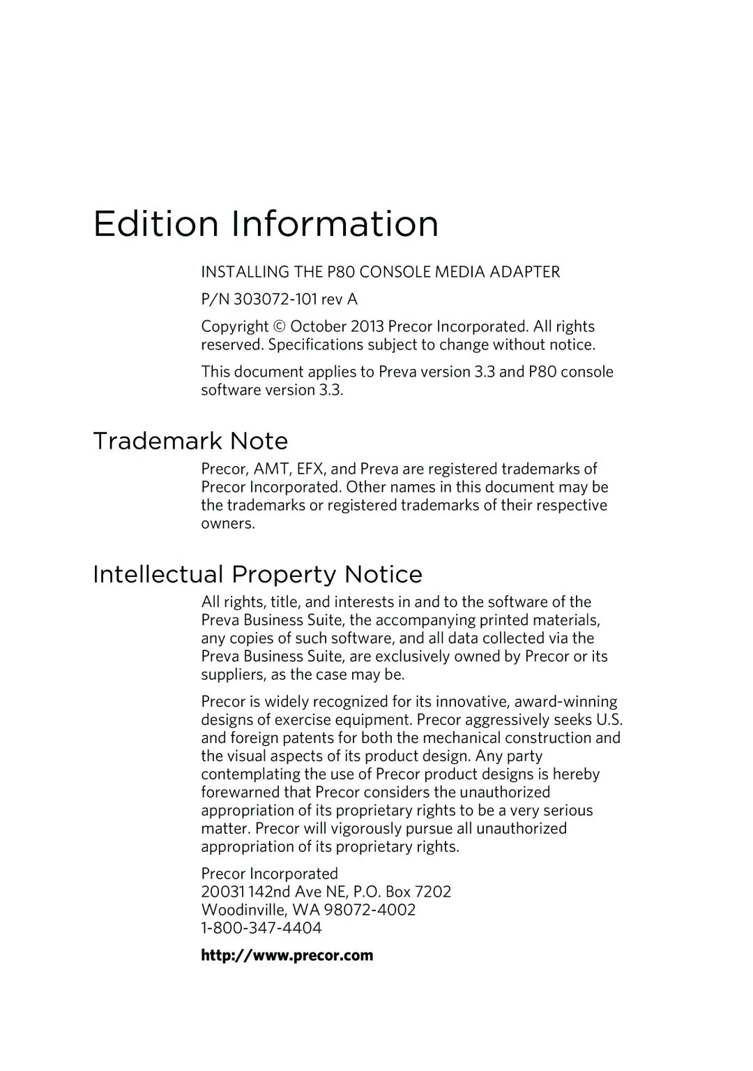 Precor P80 CONSOLE manual Trademark Note, Intellectual Property Notice 