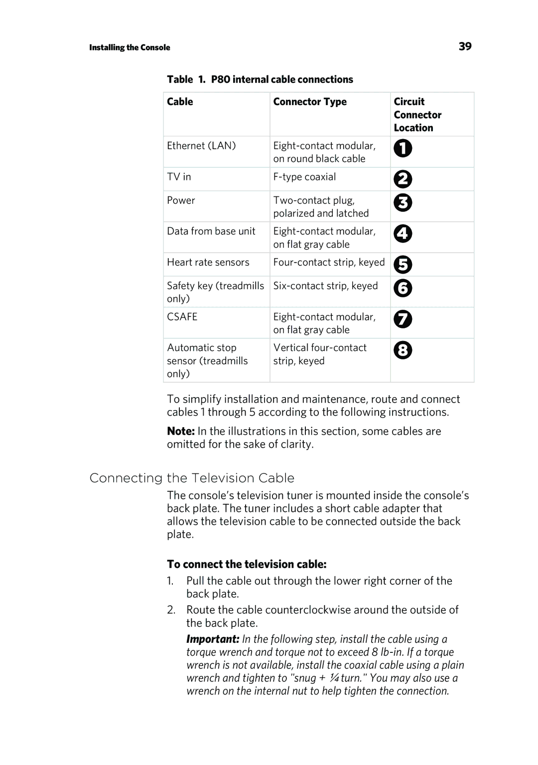 Precor P80 manual Connecting the Television Cable, To connect the television cable, Location 