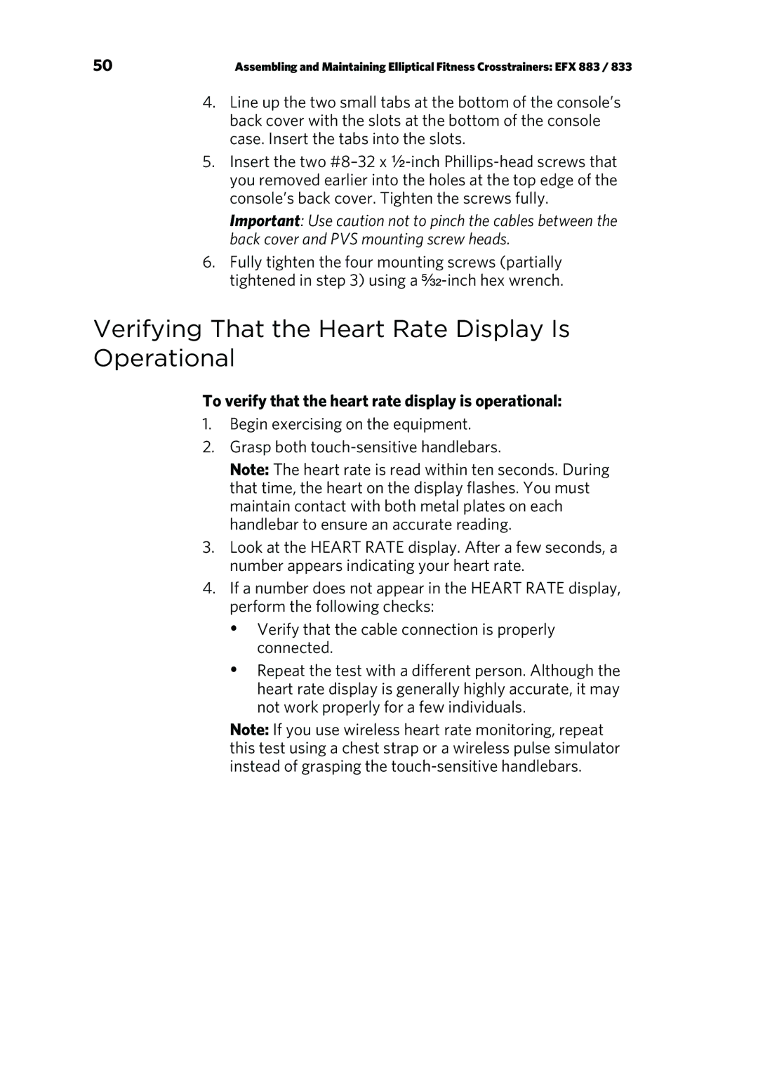 Precor P80 Verifying That the Heart Rate Display Is Operational, To verify that the heart rate display is operational 