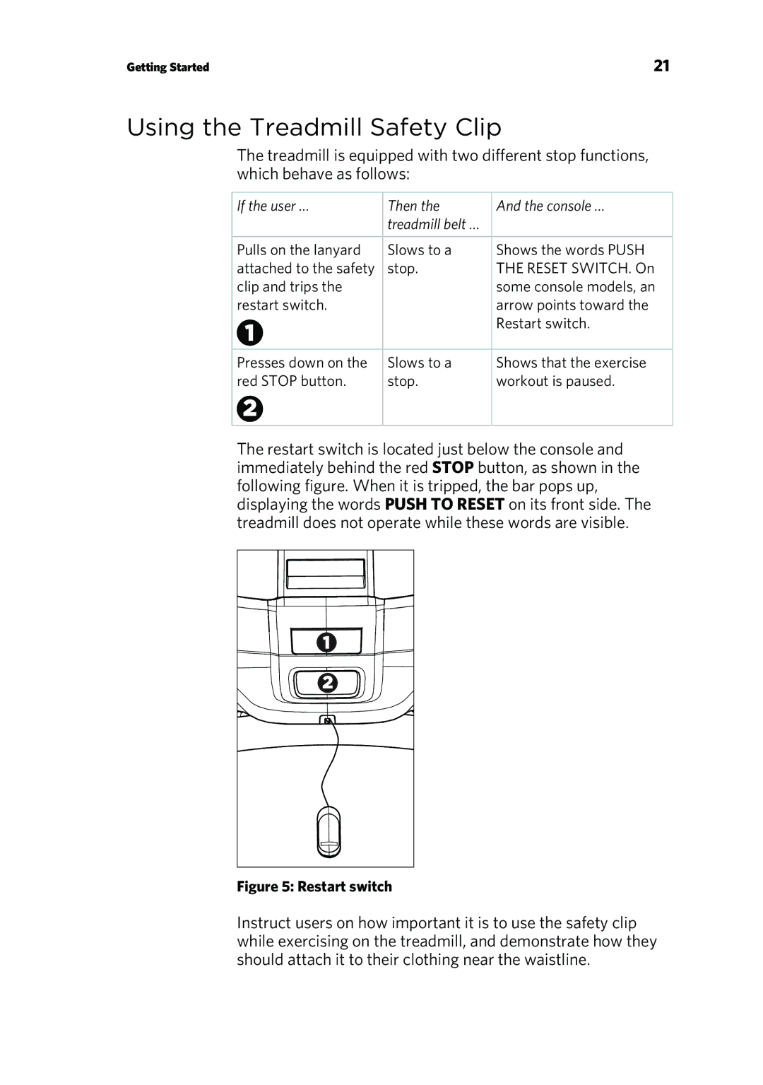 Precor P80 manual Using the Treadmill Safety Clip, Restart switch 