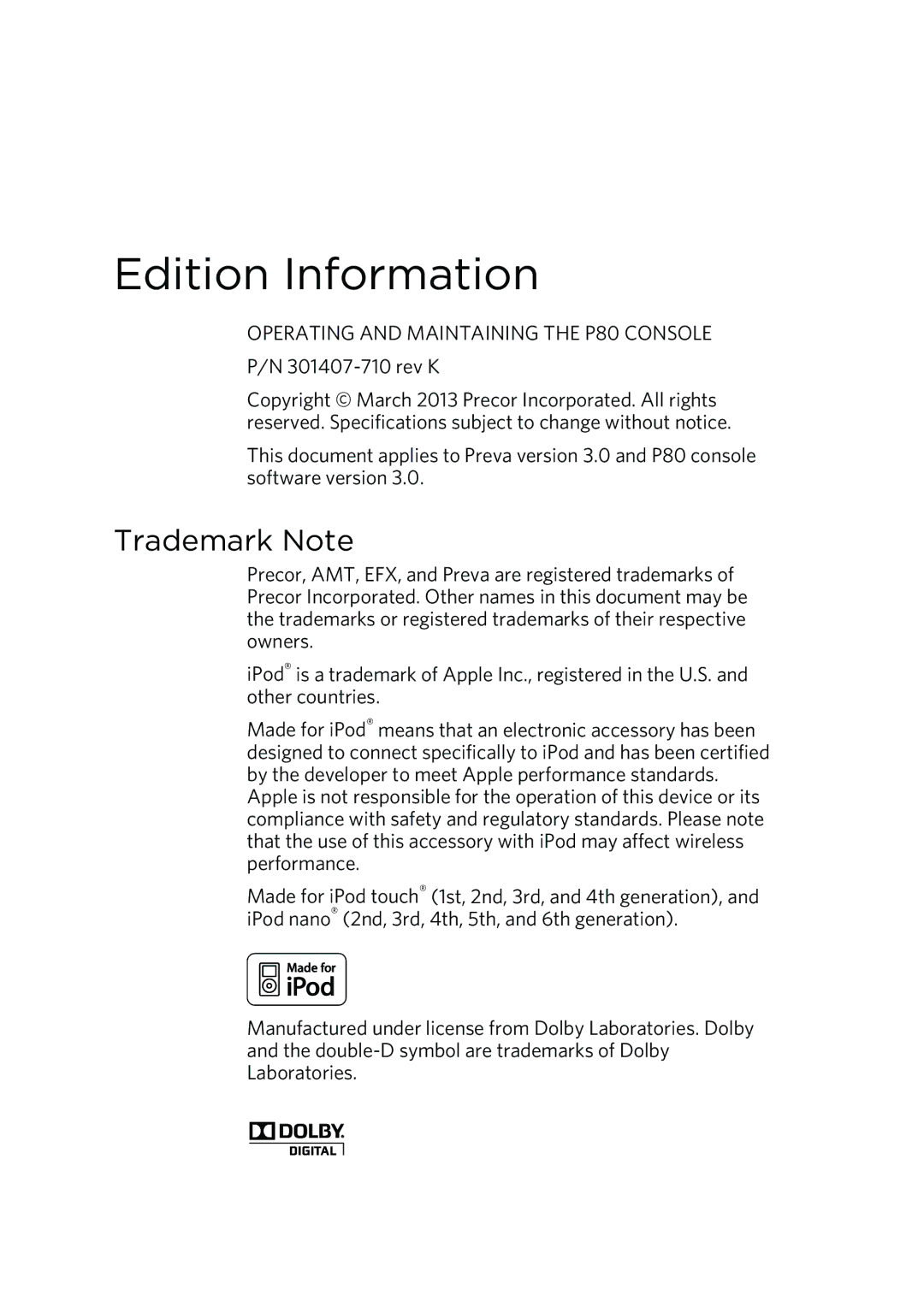 Precor P80 manual Edition Information, Trademark Note 