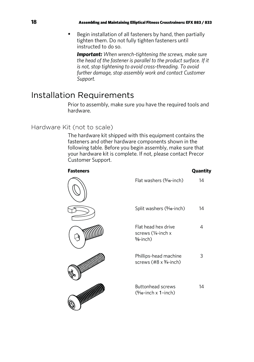 Precor P80 manual Installation Requirements, Hardware Kit not to scale, Fasteners 