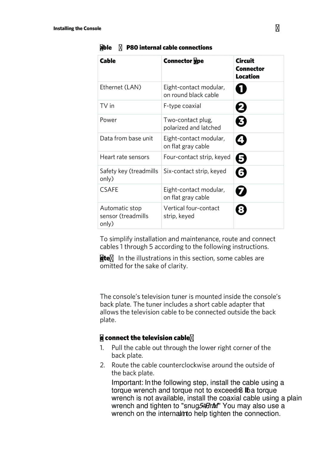 Precor P80 manual Connecting the Television Cable, To connect the television cable, Location 