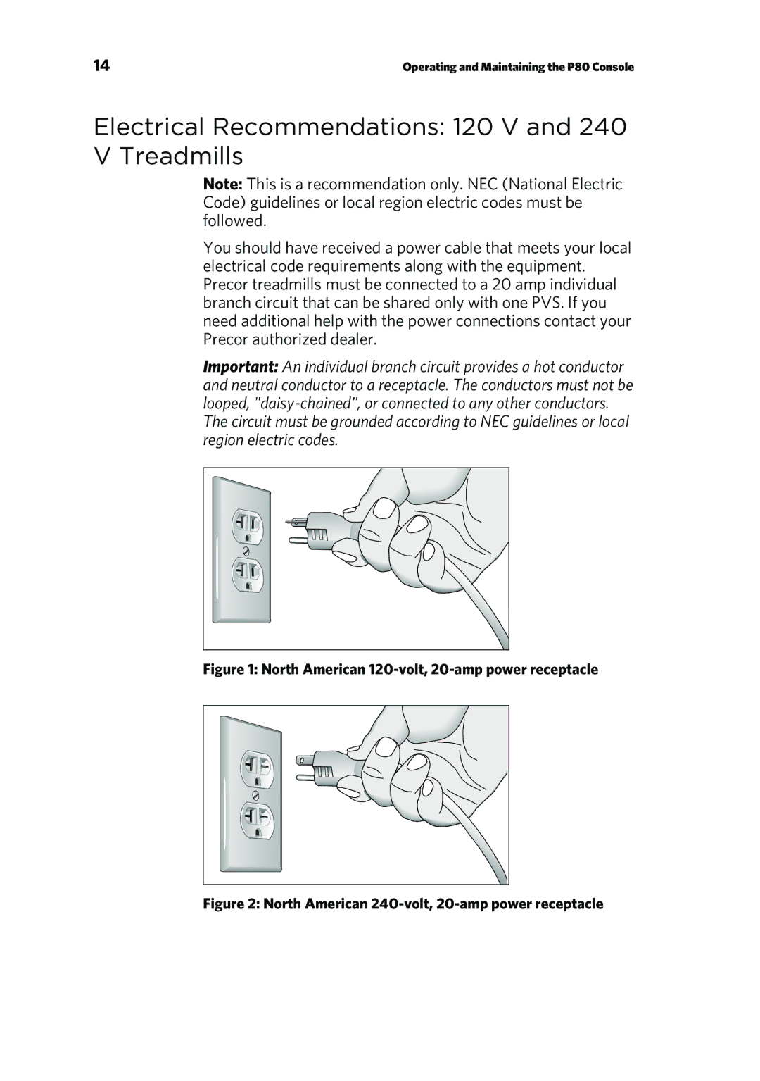 Precor P80 manual Electrical Recommendations 120 V and 240 V Treadmills, North American 120-volt, 20-amp power receptacle 