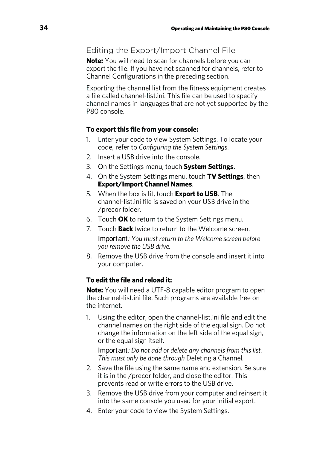 Precor P80 Editing the Export/Import Channel File, To export this file from your console, To edit the file and reload it 