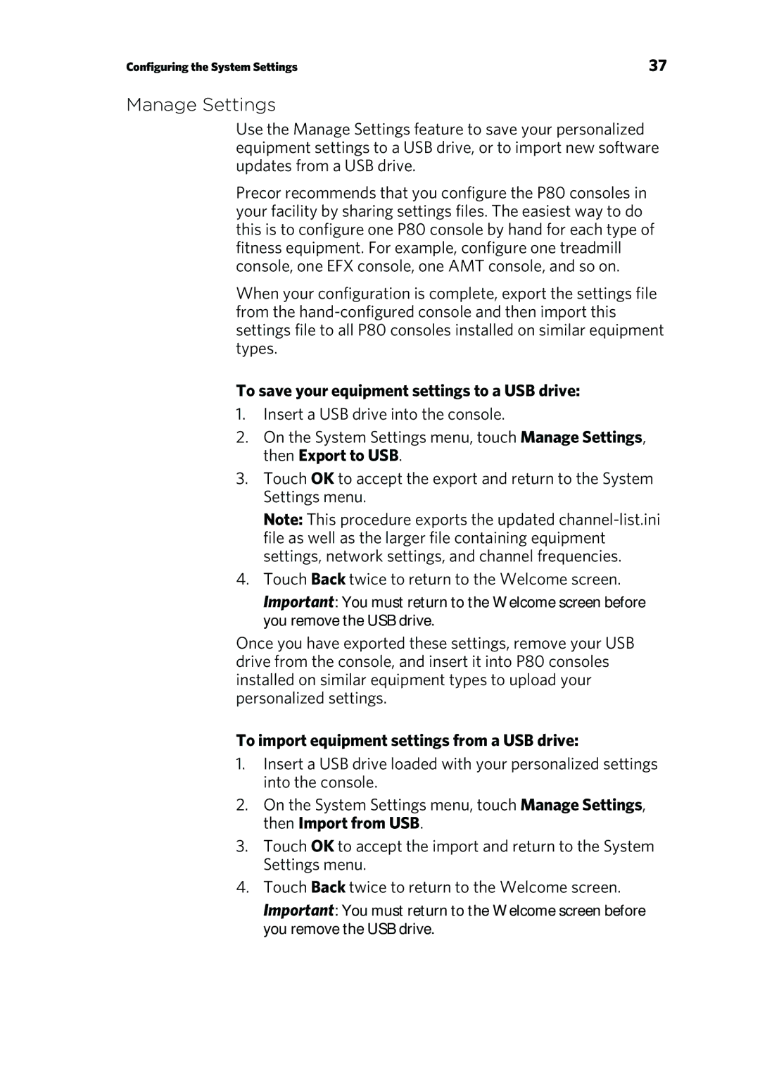 Precor P80 Manage Settings, To save your equipment settings to a USB drive, To import equipment settings from a USB drive 