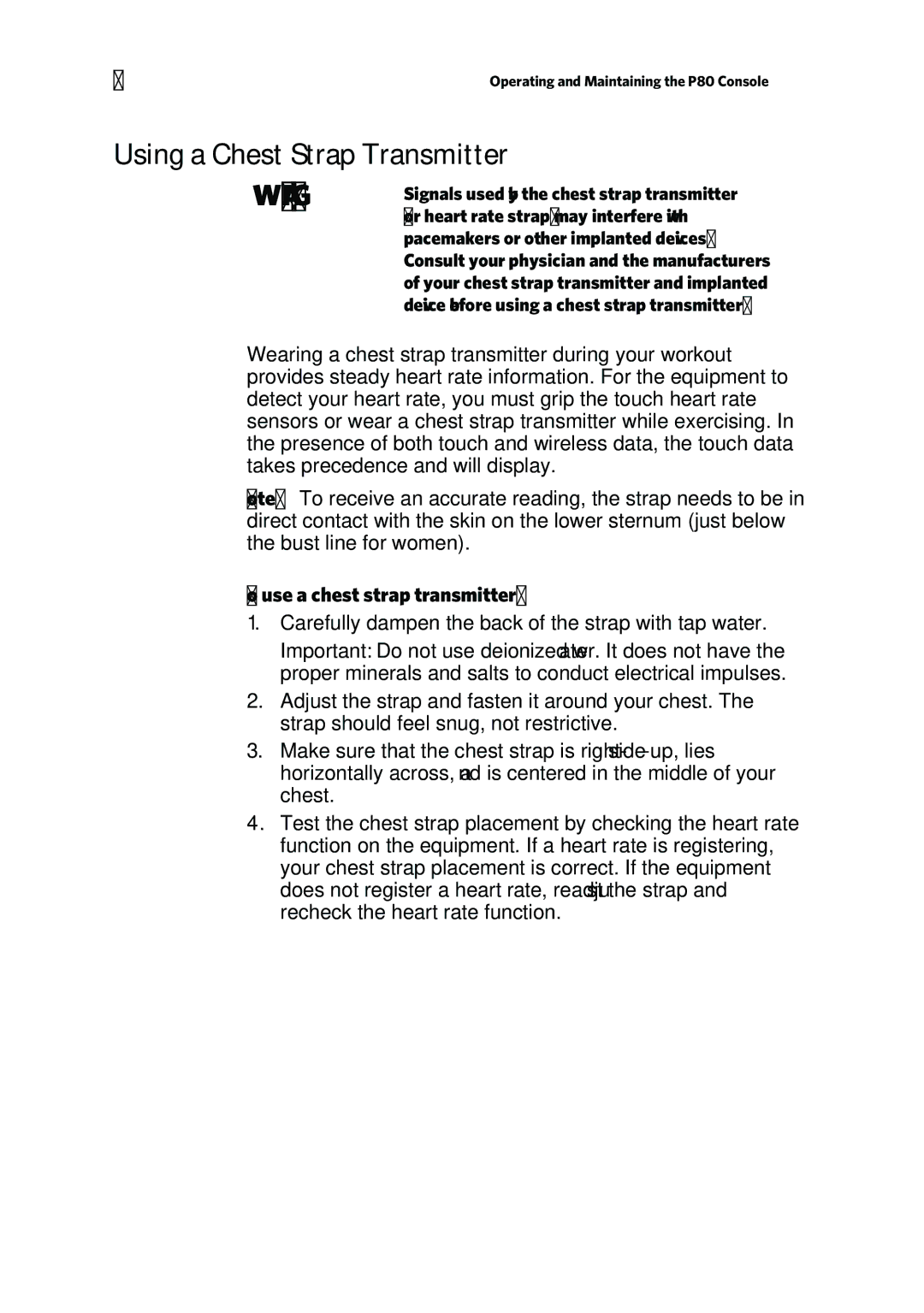 Precor P80 manual Using a Chest Strap Transmitter, To use a chest strap transmitter 