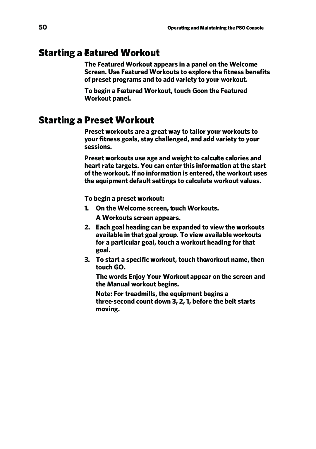 Precor P80 manual Starting a Featured Workout, Starting a Preset Workout, To begin a preset workout 