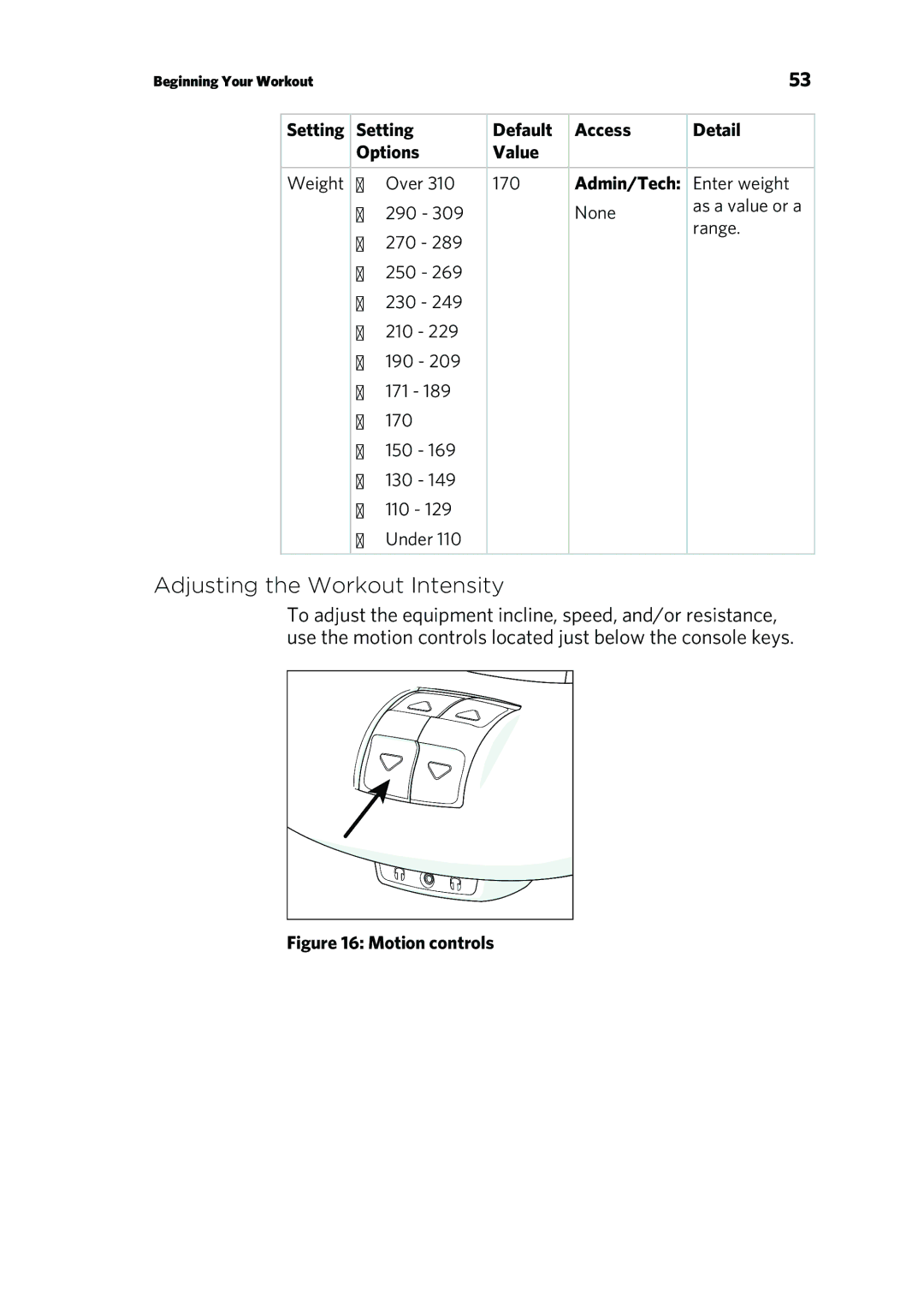 Precor P80 manual Adjusting the Workout Intensity, Motion controls 