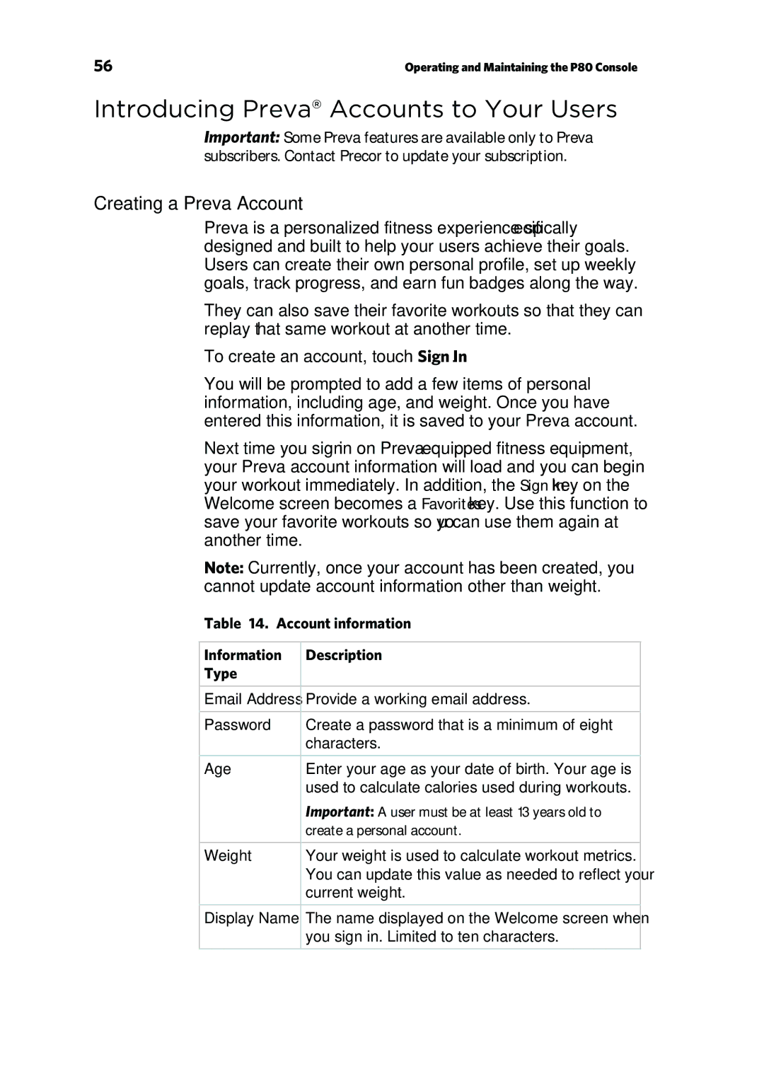 Precor P80 manual Introducing Preva Accounts to Your Users, Creating a Preva Account 