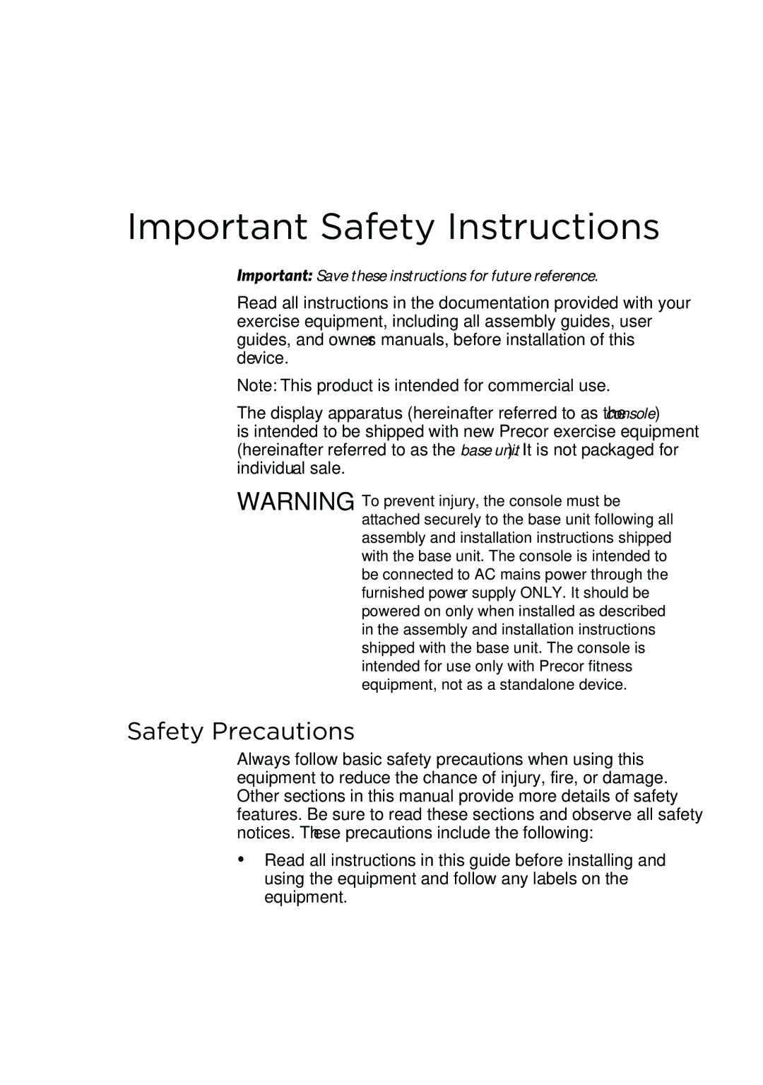 Precor P80 manual Important Safety Instructions, Safety Precautions 