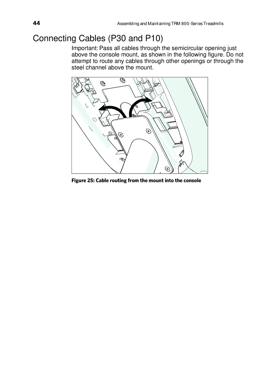 Precor P80 manual Connecting Cables P30 and P10, Cable routing from the mount into the console 
