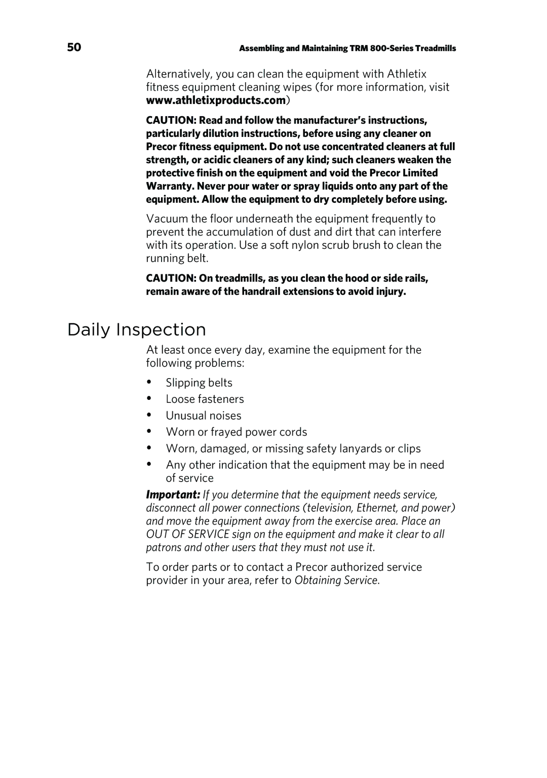 Precor P80 manual Daily Inspection 