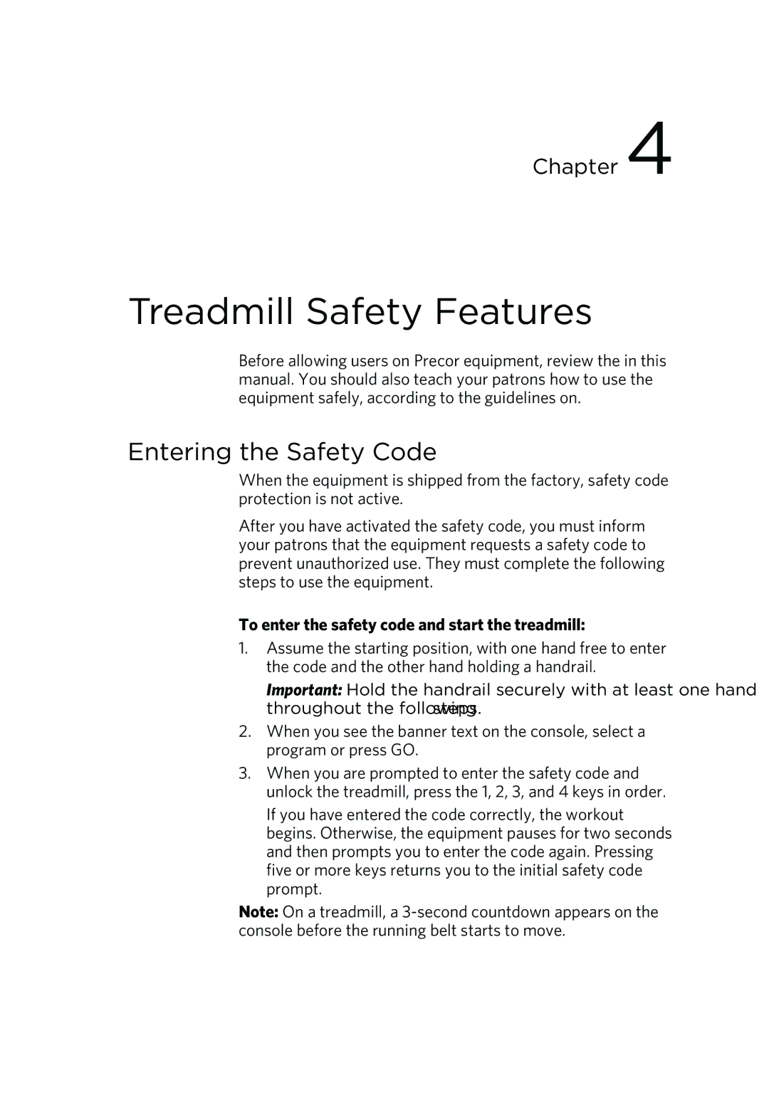 Precor P80 manual Treadmill Safety Features, Entering the Safety Code, To enter the safety code and start the treadmill 