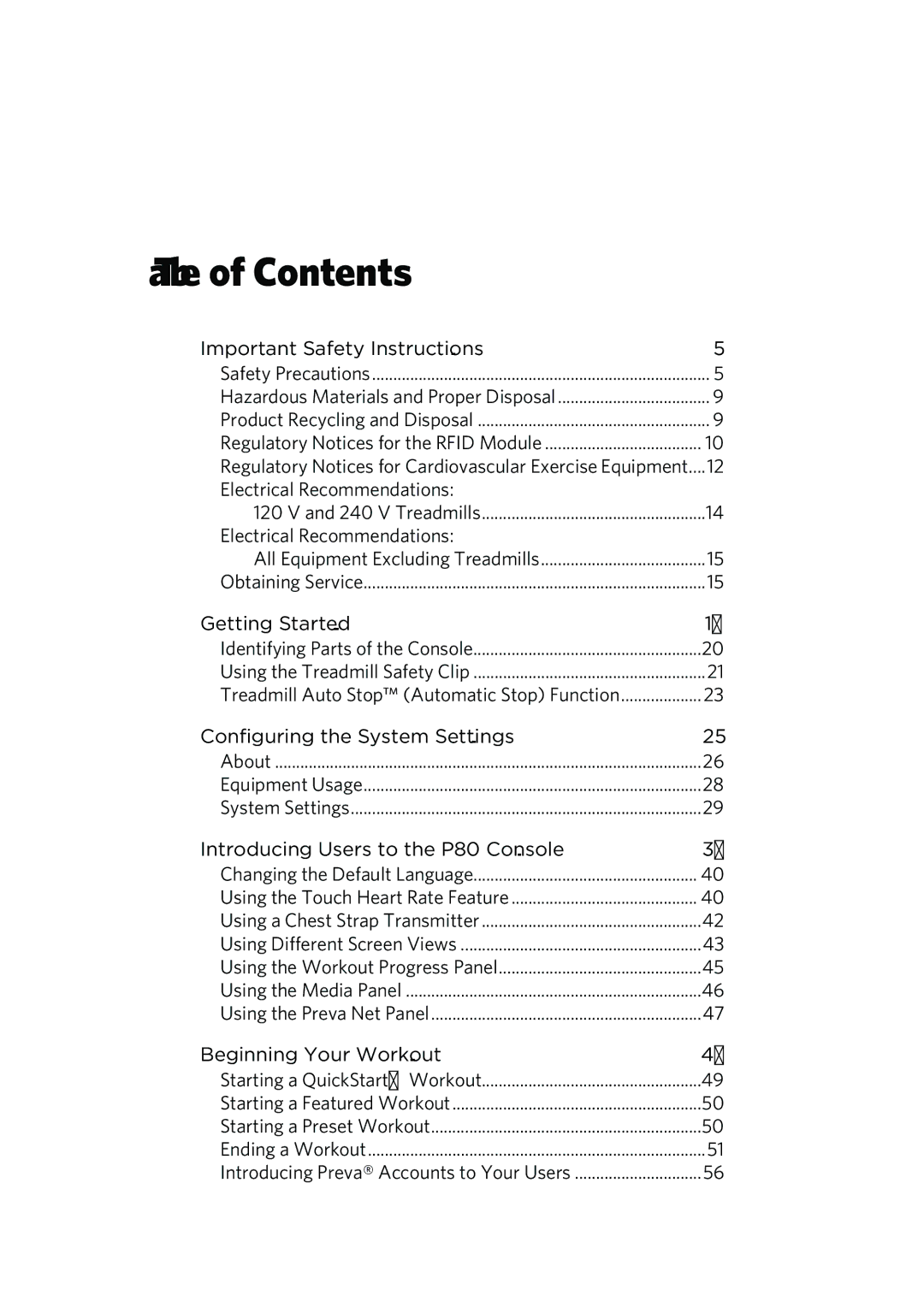 Precor P80 manual Table of Contents 