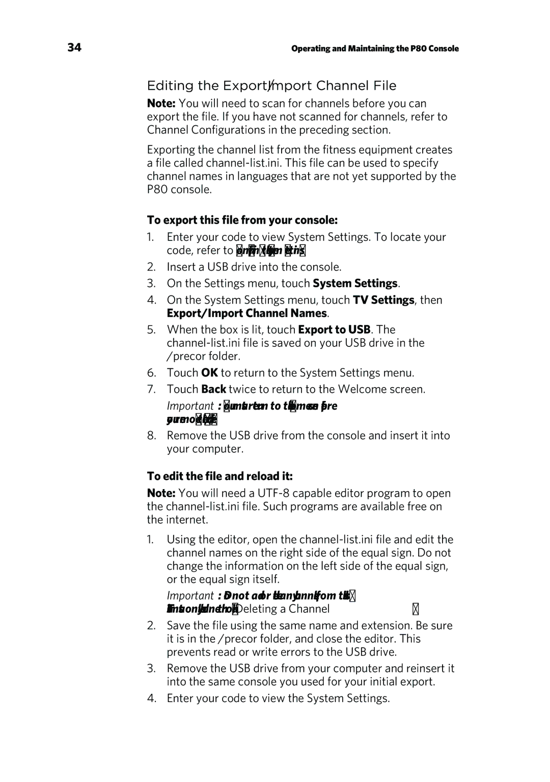 Precor P80 Editing the Export/Import Channel File, To export this file from your console, To edit the file and reload it 