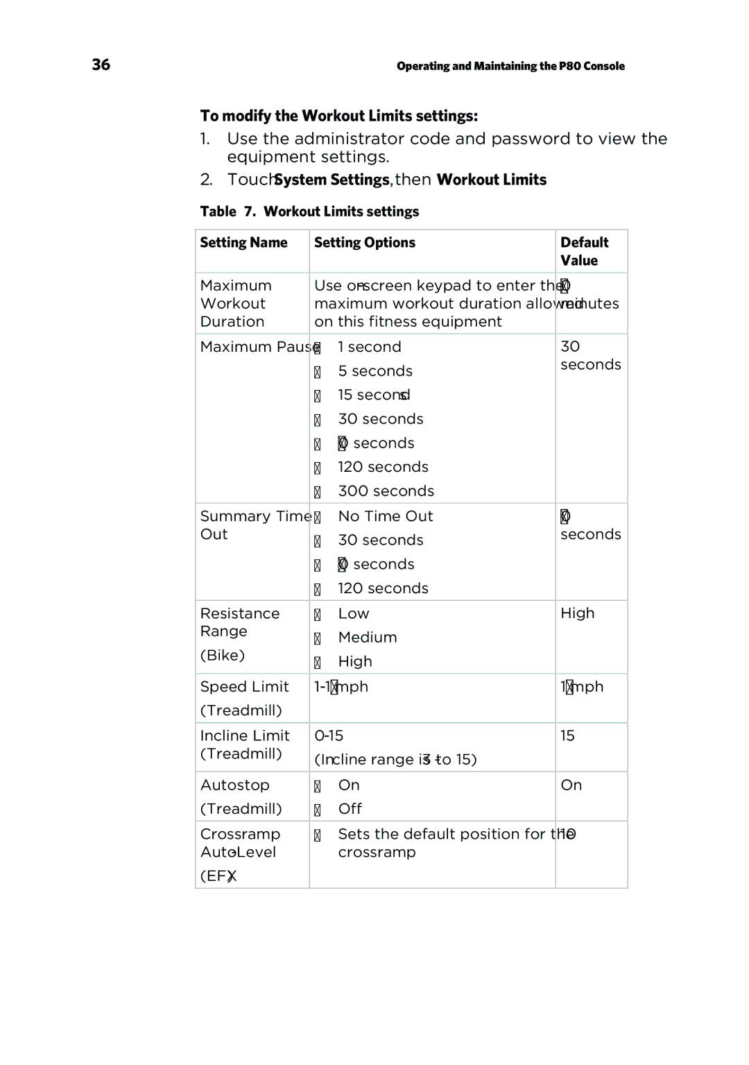 Precor P80 manual To modify the Workout Limits settings, Touch System Settings, then Workout Limits 