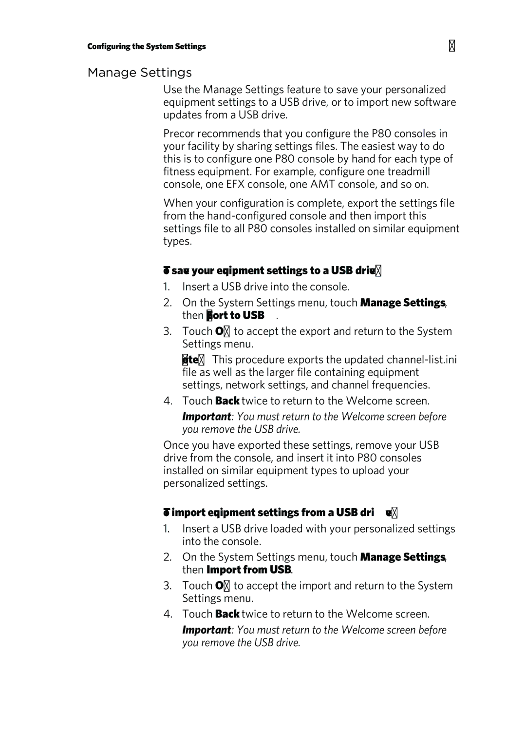 Precor P80 Manage Settings, To save your equipment settings to a USB drive, To import equipment settings from a USB drive 