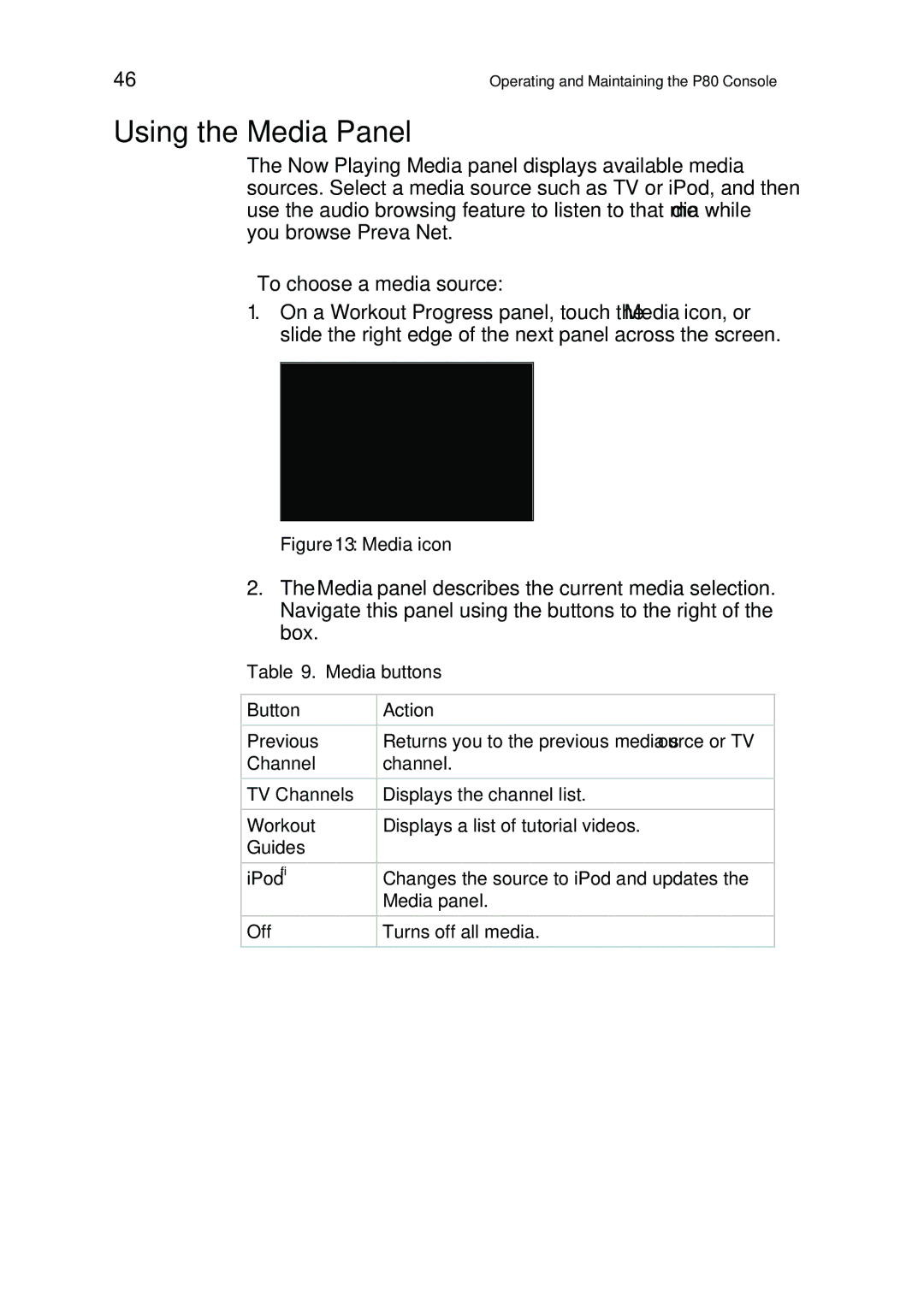 Precor P80 manual Using the Media Panel, To choose a media source, Media buttons Button Action 