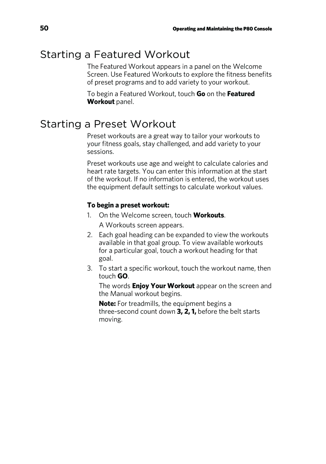 Precor P80 manual Starting a Featured Workout, Starting a Preset Workout, To begin a preset workout 