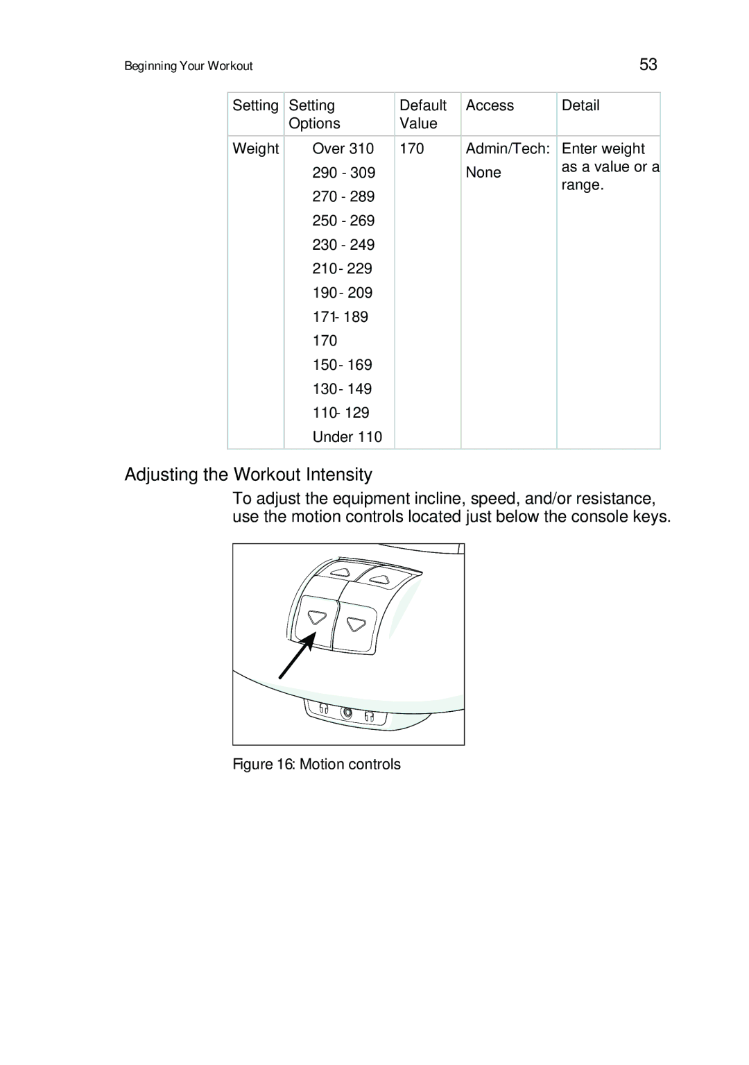 Precor P80 manual Adjusting the Workout Intensity, Motion controls 