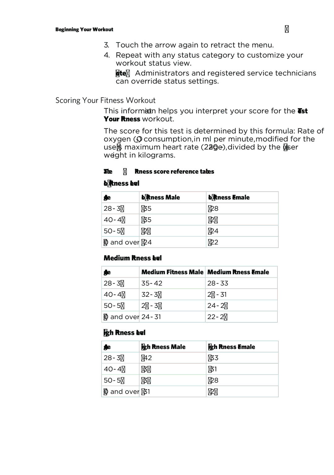 Precor P80 manual Scoring Your Fitness Workout, Low Fitness Level, Medium Fitness Level, High Fitness Level 