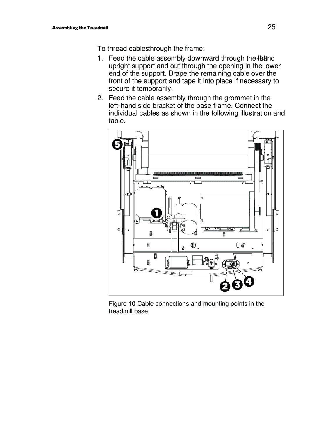 Precor P80 manual To thread cables through the frame, Cable connections and mounting points in the treadmill base 