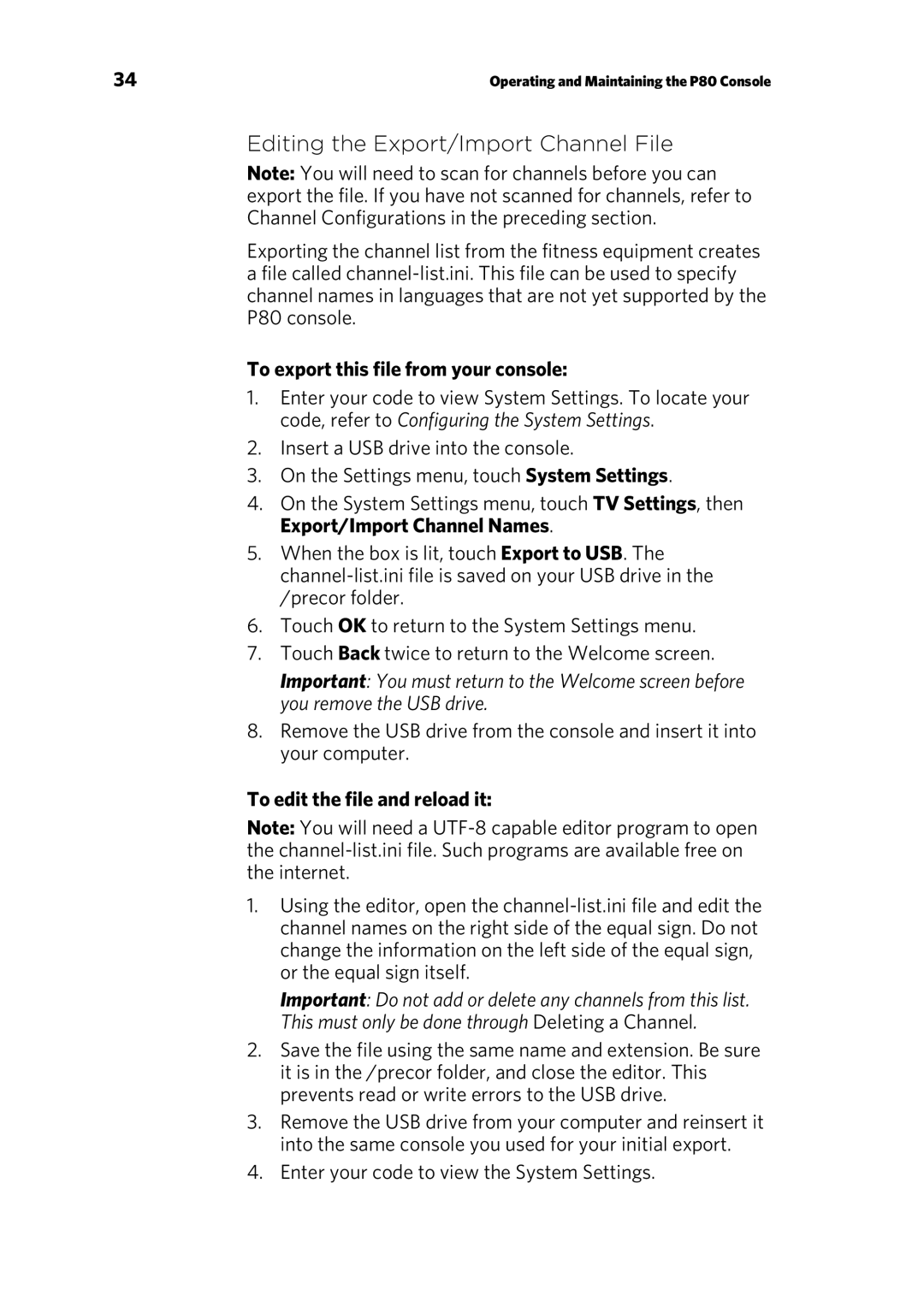 Precor P80 Editing the Export/Import Channel File, To export this file from your console, To edit the file and reload it 