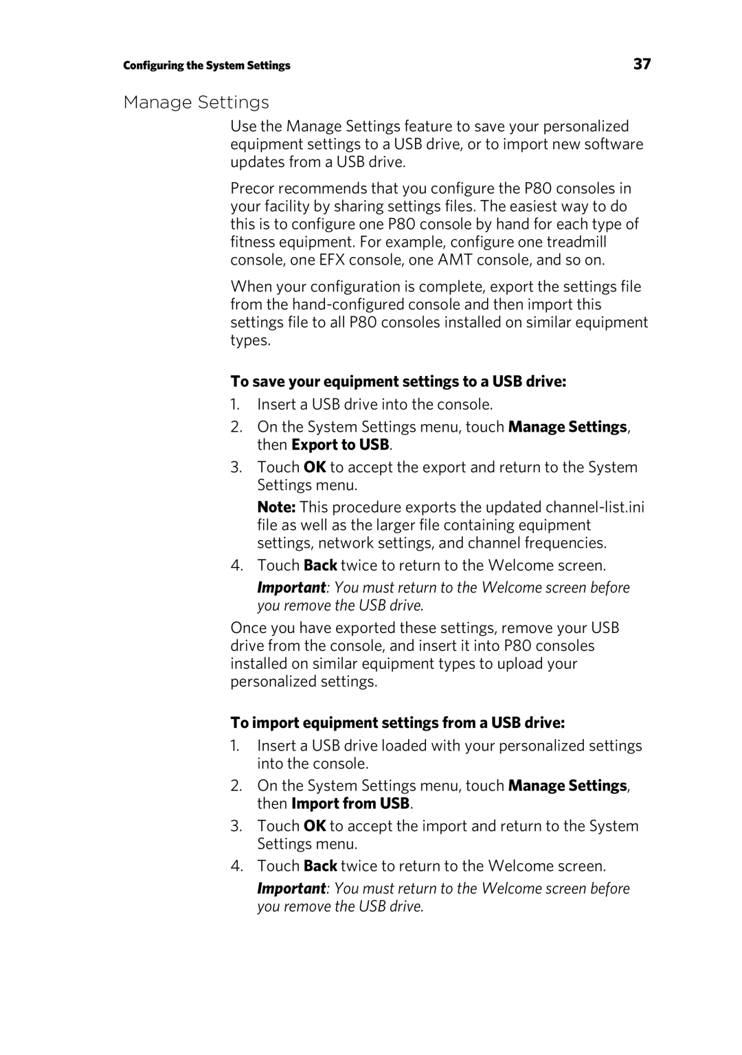 Precor P80 Manage Settings, To save your equipment settings to a USB drive, To import equipment settings from a USB drive 