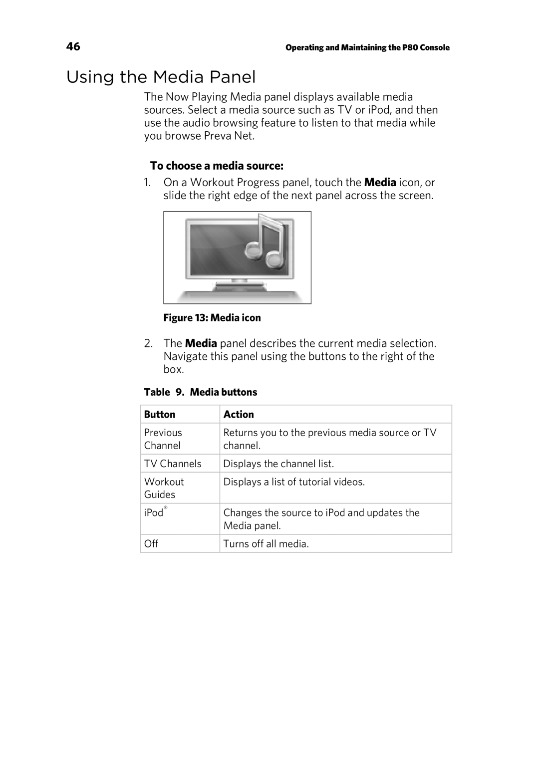 Precor P80 manual Using the Media Panel, To choose a media source, Media buttons Button Action 