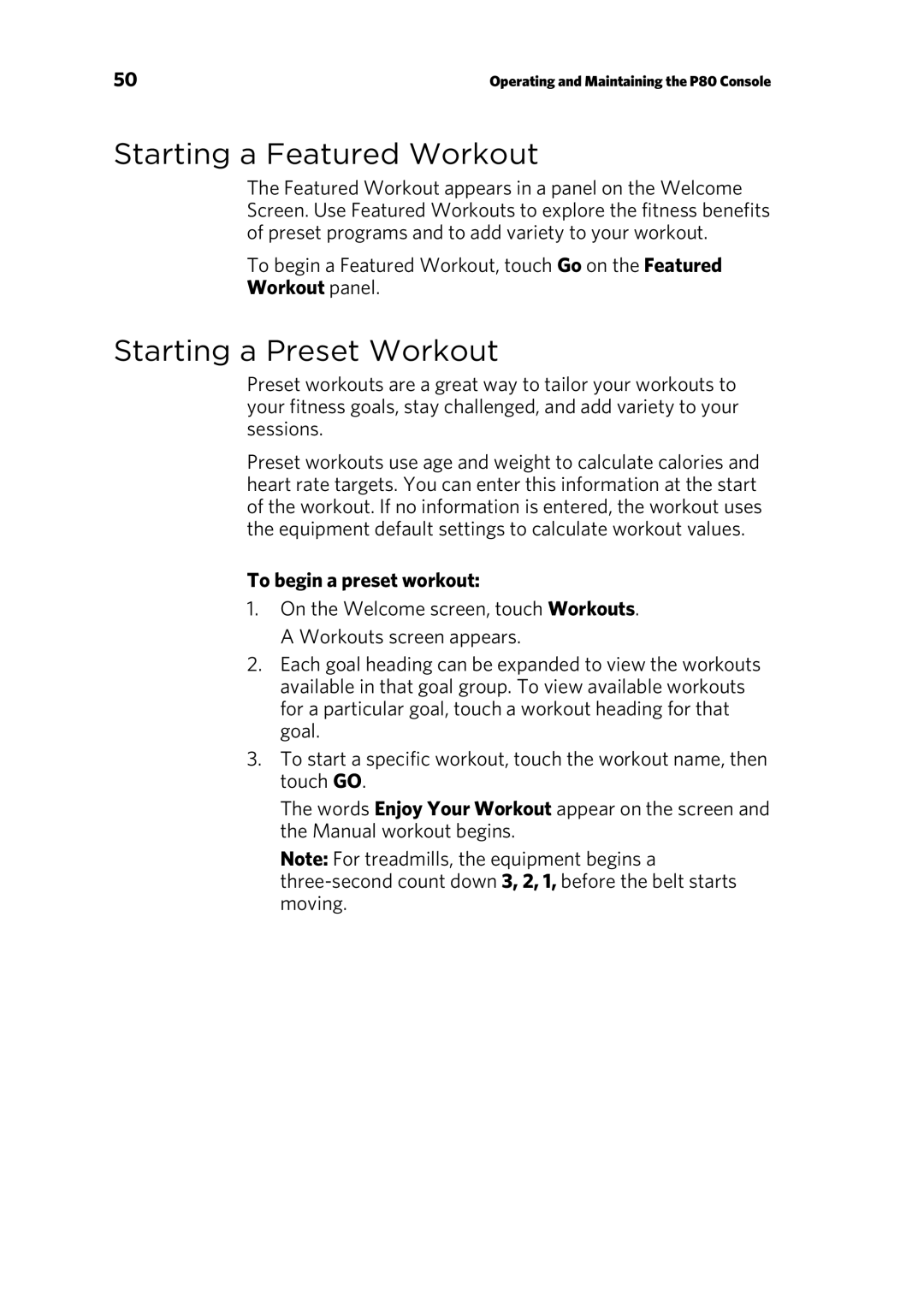 Precor P80 manual Starting a Featured Workout, Starting a Preset Workout, To begin a preset workout 