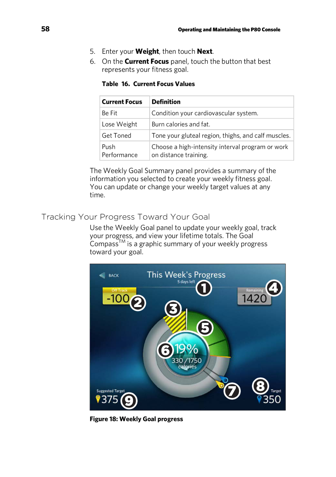 Precor P80 manual Tracking Your Progress Toward Your Goal, Current Focus Values Definition 