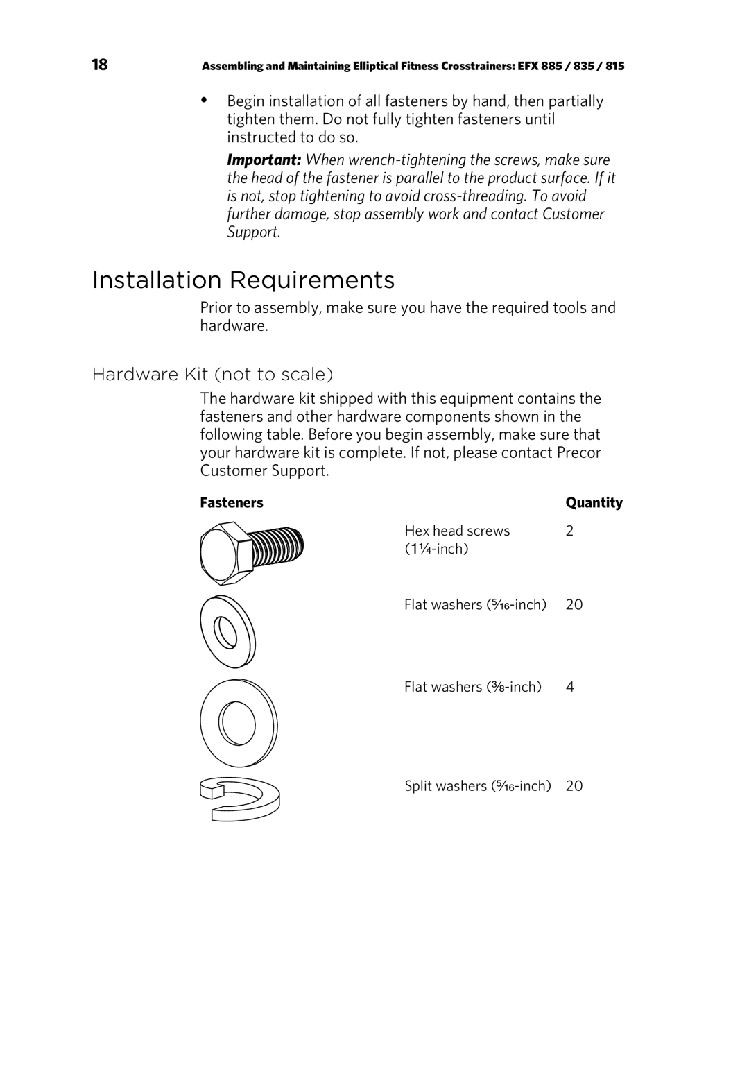 Precor P80 manual Installation Requirements, Hardware Kit not to scale, Fasteners 