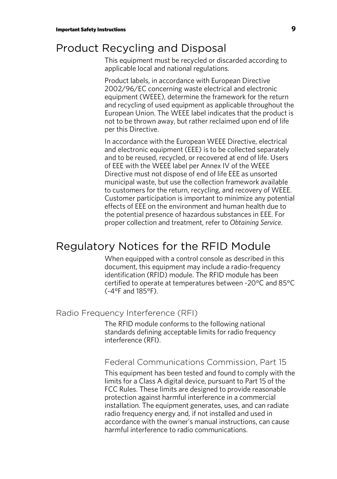 Precor P80 manual Product Recycling and Disposal, Regulatory Notices for the RFID Module, Radio Frequency Interference RFI 