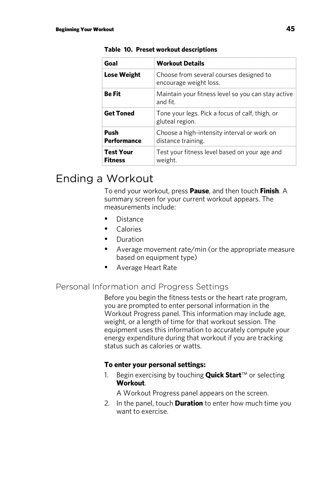 Precor P80 manual Ending a Workout, Personal Information and Progress Settings, To enter your personal settings 