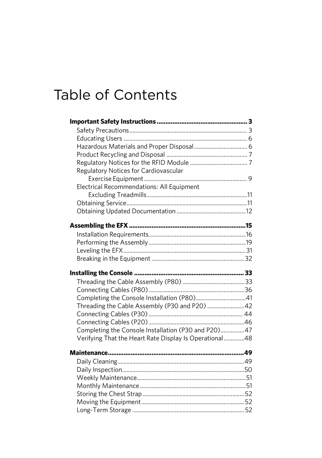 Precor P80 manual Table of Contents, Regulatory Notices for Cardiovascular 