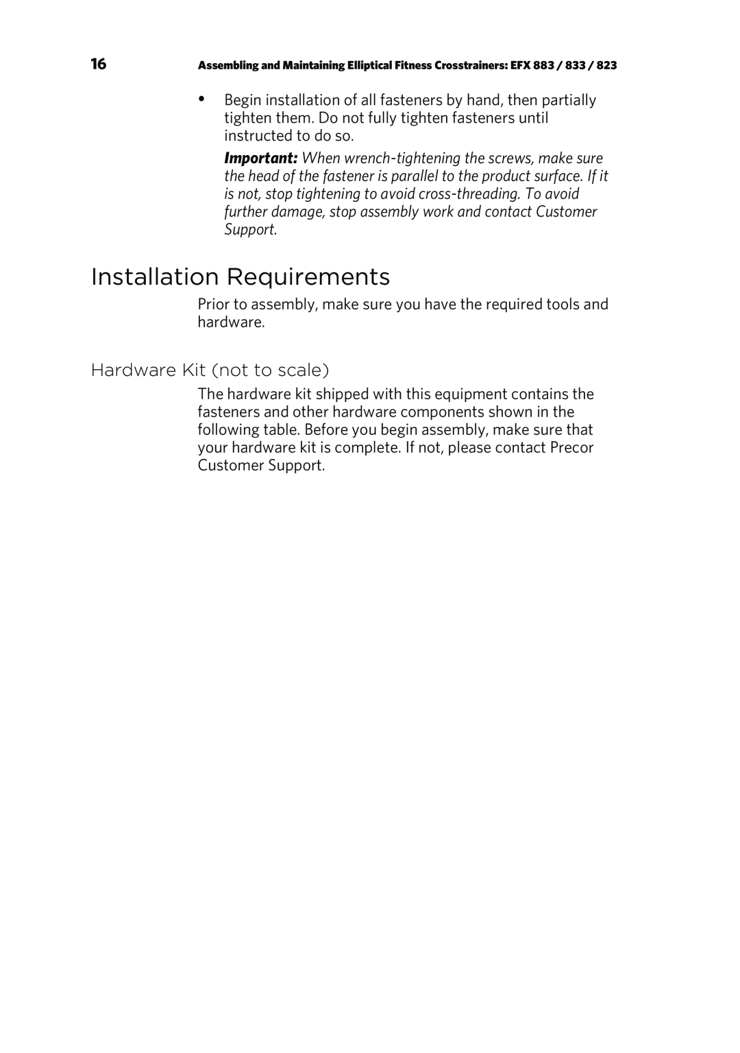 Precor P80 manual Installation Requirements, Hardware Kit not to scale 