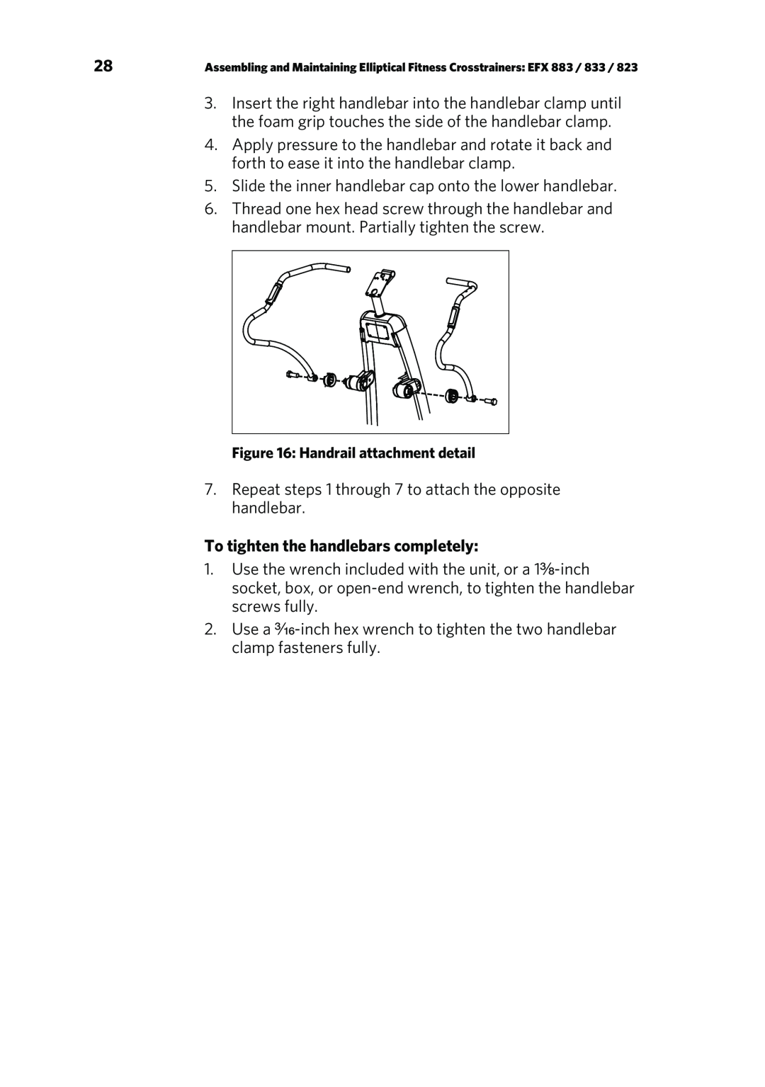 Precor P80 manual To tighten the handlebars completely, Handrail attachment detail 