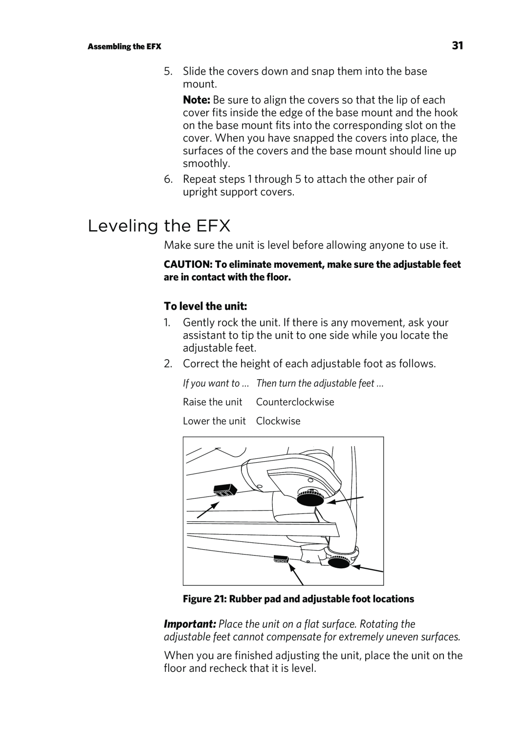 Precor P80 manual Leveling the EFX, To level the unit 