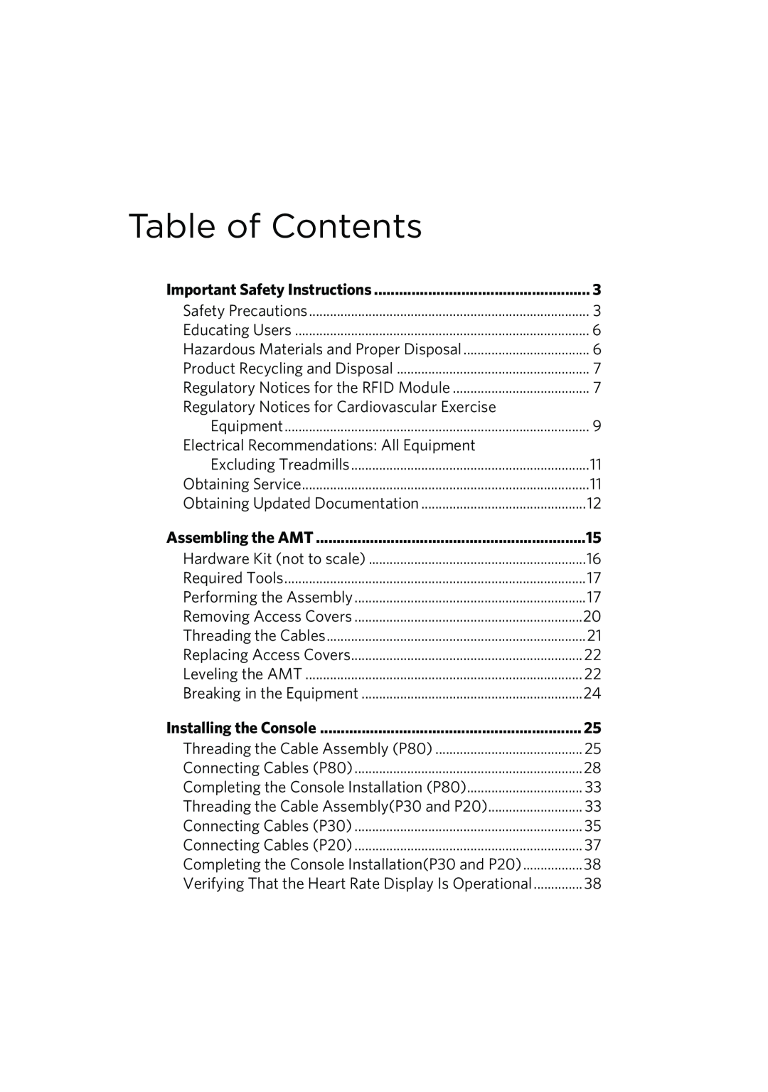 Precor P80 manual Table of Contents, Regulatory Notices for Cardiovascular Exercise 
