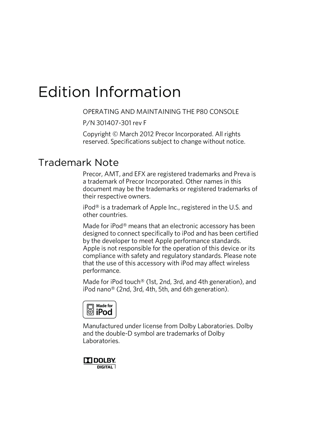 Precor P80 manual Edition Information, Trademark Note 