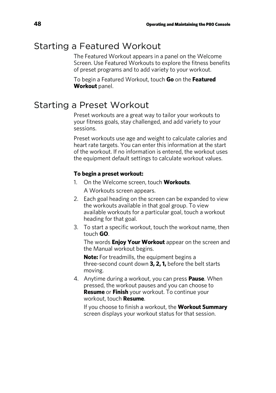 Precor P80 manual Starting a Featured Workout, Starting a Preset Workout, To begin a preset workout 