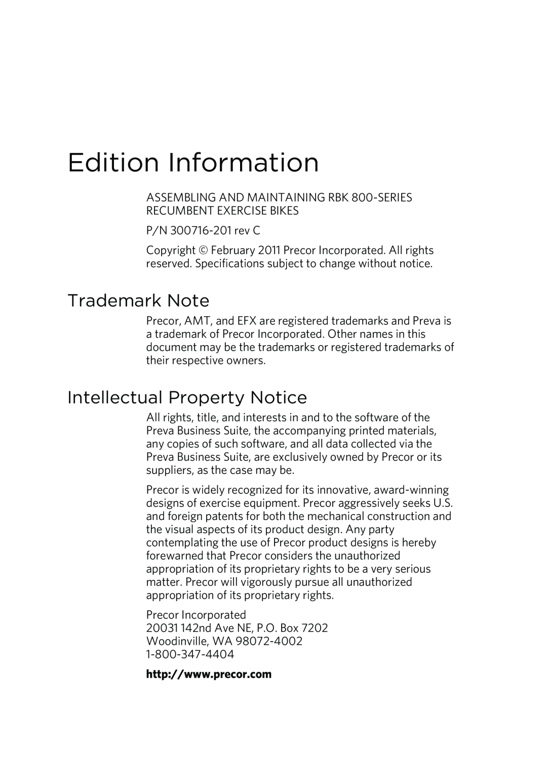 Precor P80 manual Edition Information, Trademark Note, Intellectual Property Notice, P/N 300716-201rev C 