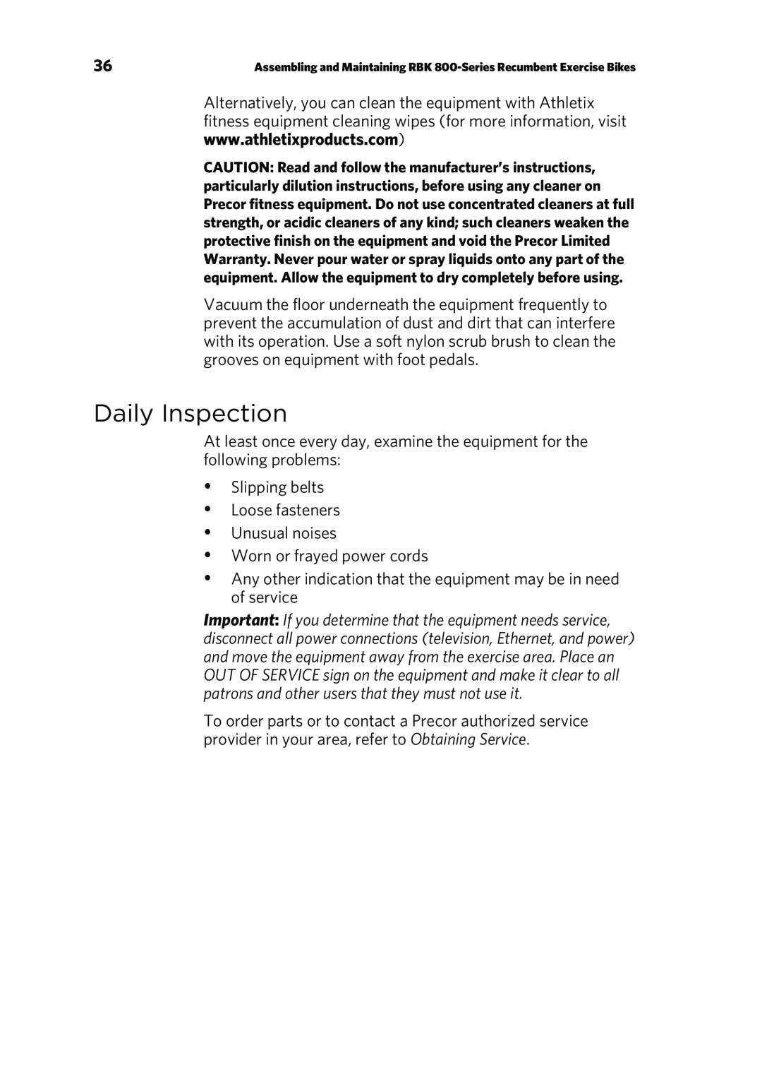 Precor P80 manual Daily Inspection 
