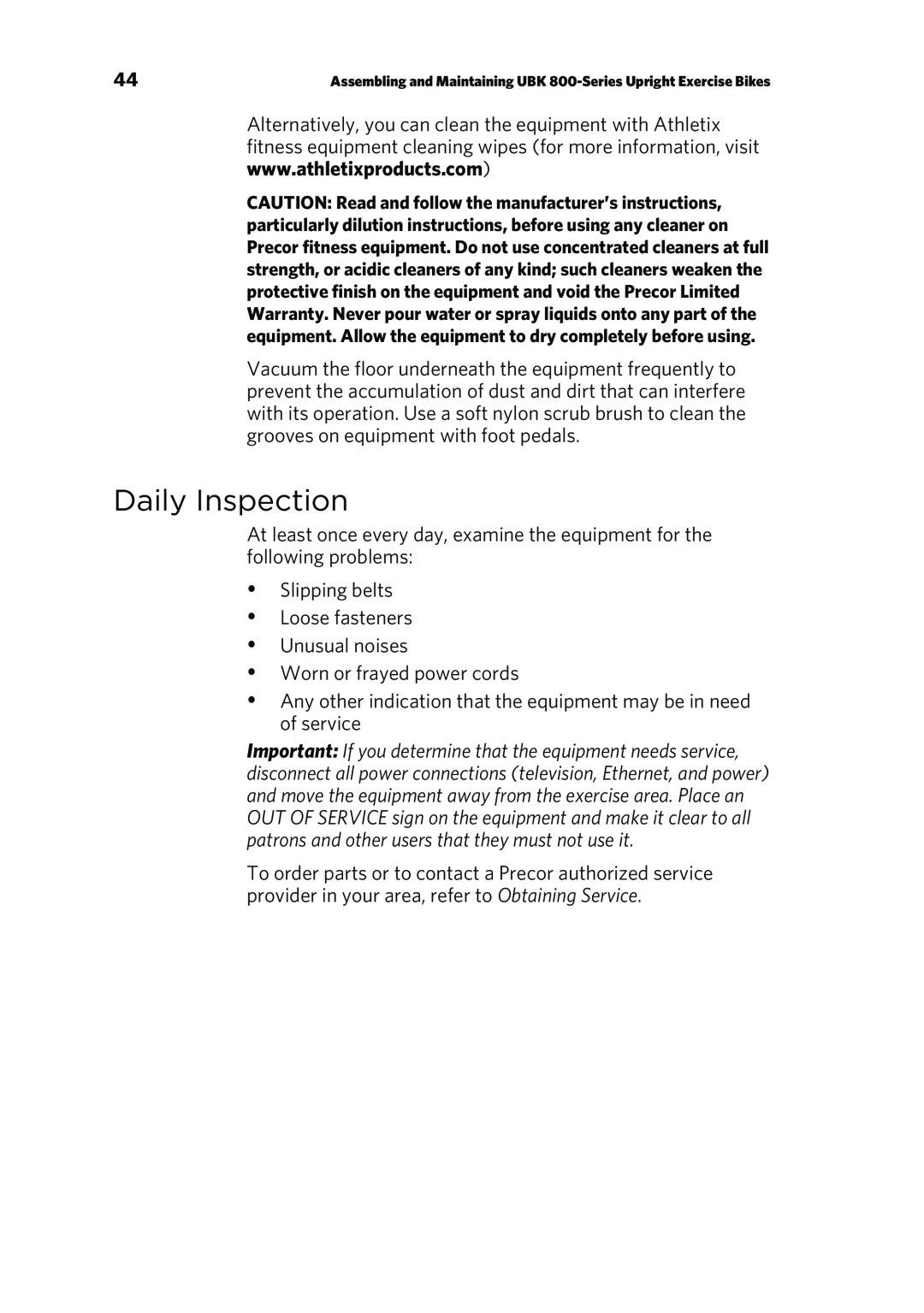 Precor P80 manual Daily Inspection 