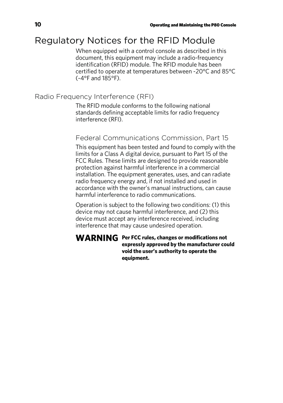 Precor P80 manual Regulatory Notices for the RFID Module, Radio Frequency Interference RFI 